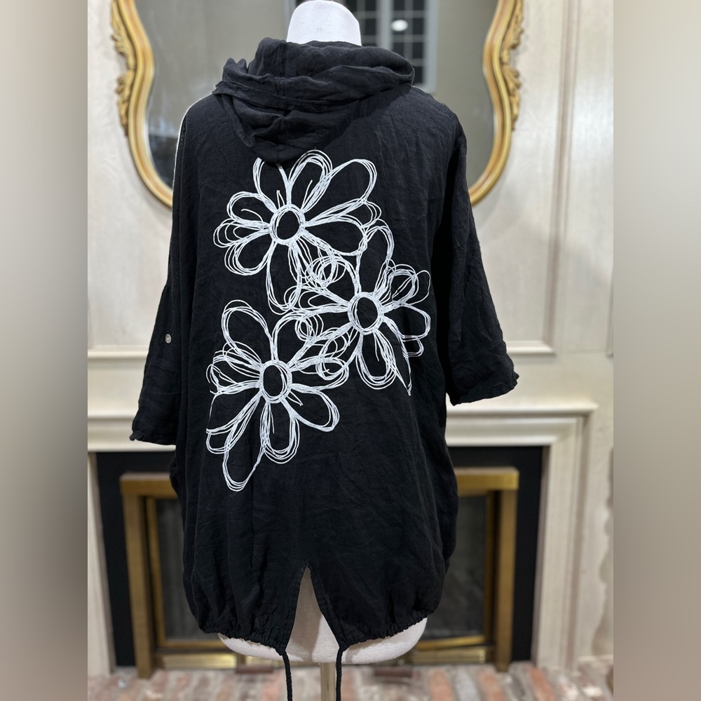 Gigi Moda Italy Linen Hooded Jacket Black Drawstring Hem Floral Back OS - Picture 8 of 15